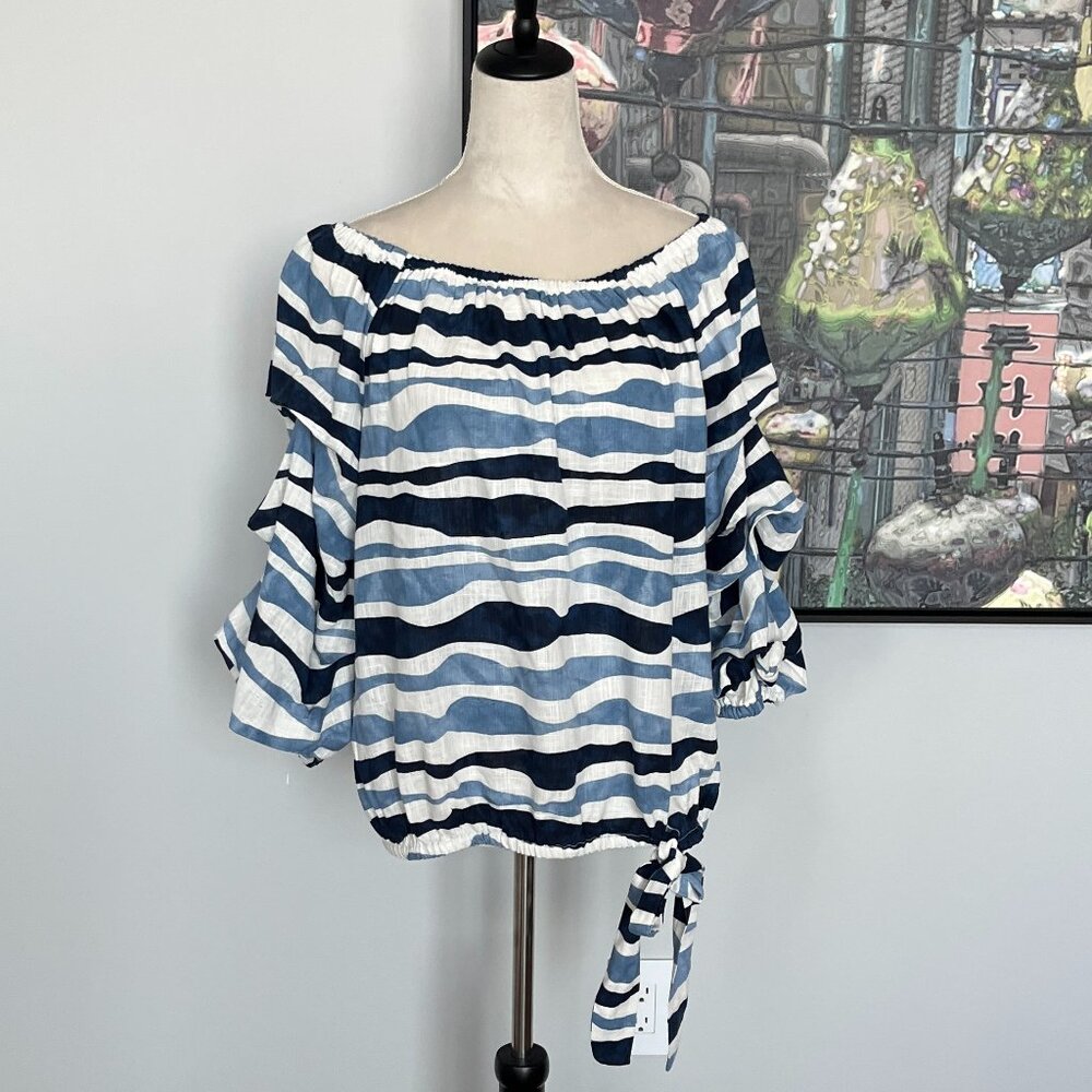 CeCe Blue and Cream Linen Blend Shirt L